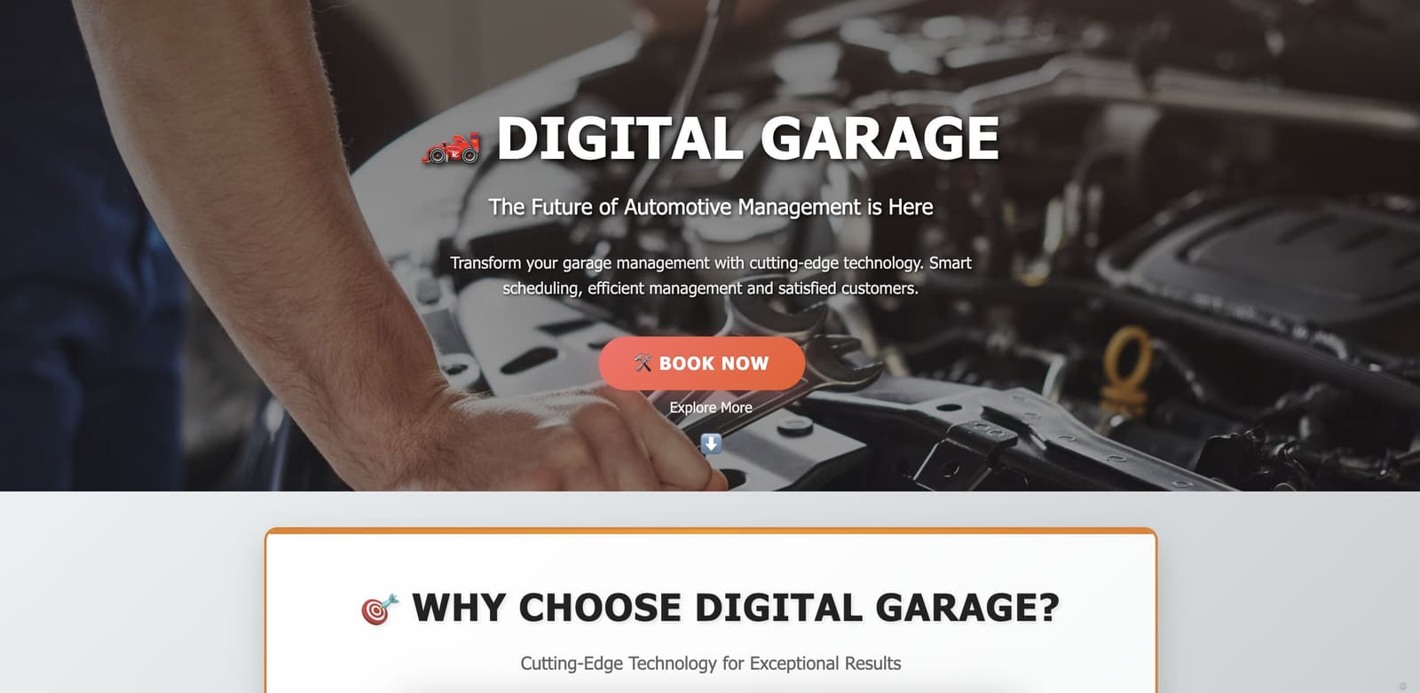 Homepage showing Digital Garage hero banner with Ferrari theme and service features