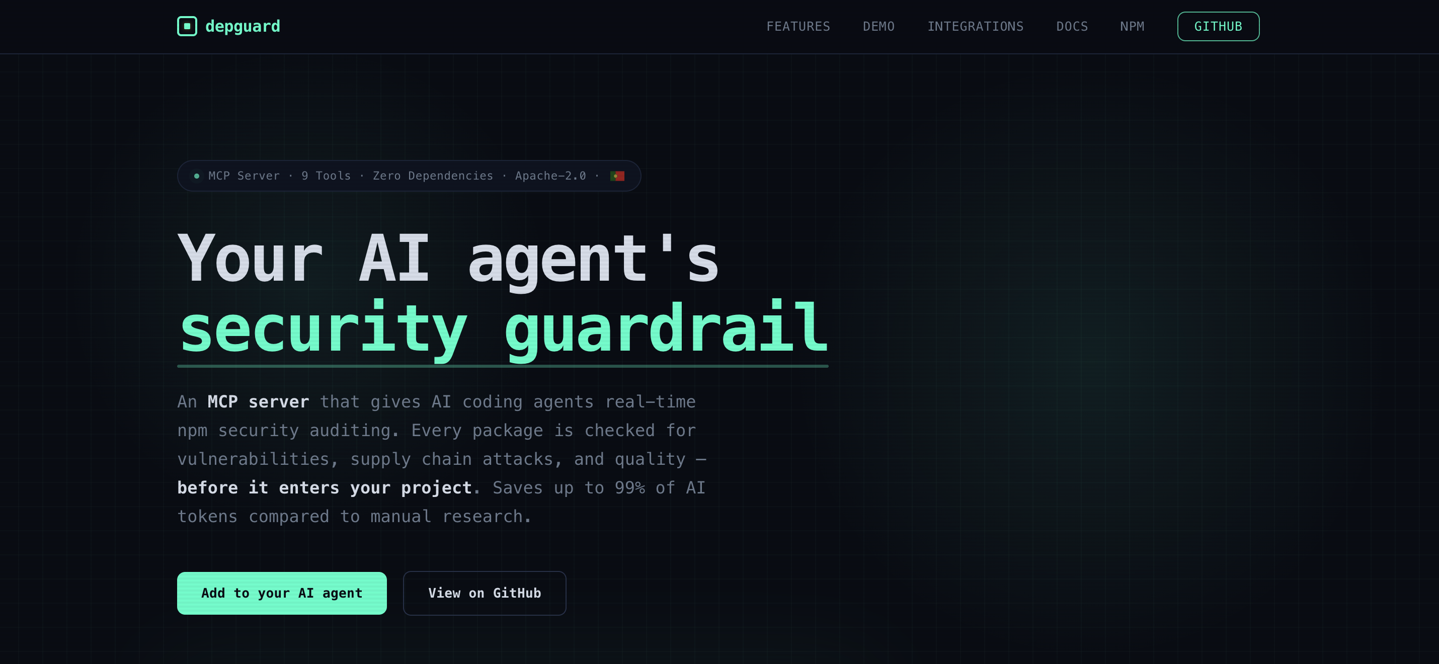 depguard landing page showing MCP Security Server for AI Coding Agents